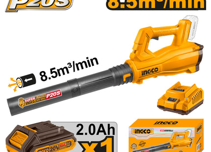 منفاخ لاسلكي INGCO 20 فولت CABLI203235 (INGCO Cordless Blower 20V, 15000rpm, 115km/h, with a 2.0Ah Battery and a Charger)