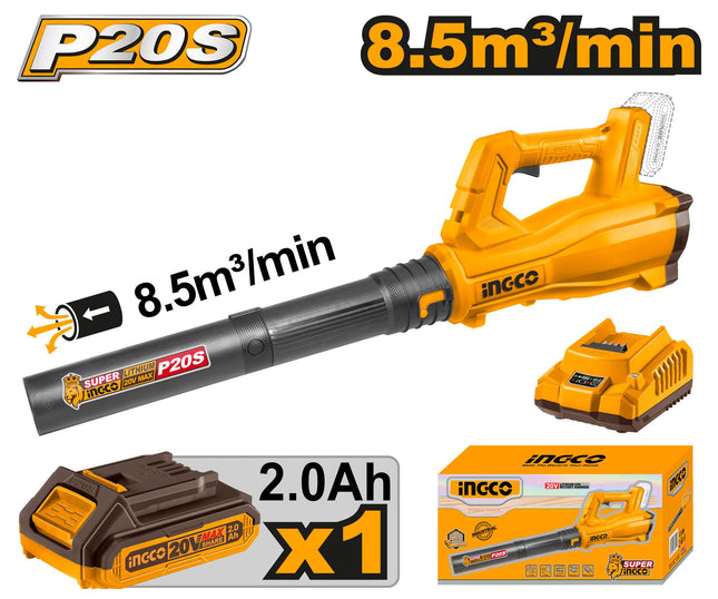 منفاخ لاسلكي INGCO 20 فولت CABLI203235 (INGCO Cordless Blower 20V, 15000rpm, 115km/h, with a 2.0Ah Battery and a Charger)