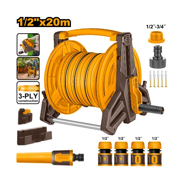 Hose reel + accessories set 1/2″x20m – P1C1 | HHR20124 Ingco